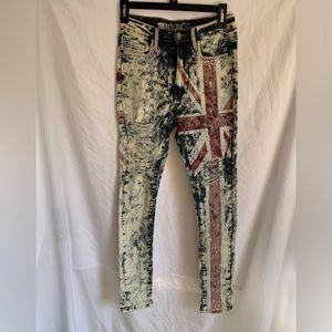 NWT MACHINE Vintage UK Flag Bedazzled Jeweled Distressed Ripped Jeans
